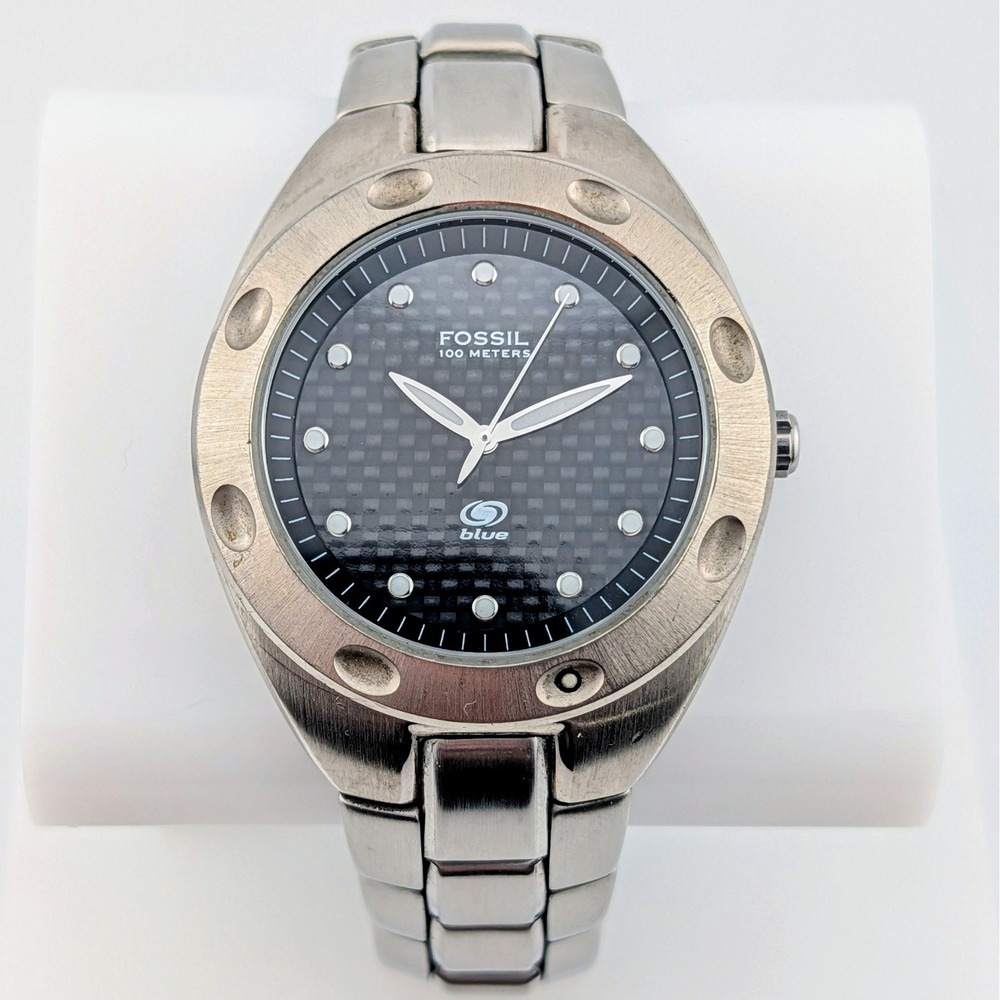 Fossil Blue 100M Carbon Fiber Dial Stainless Steel Quartz Watch AM-3287 40mm 7"
